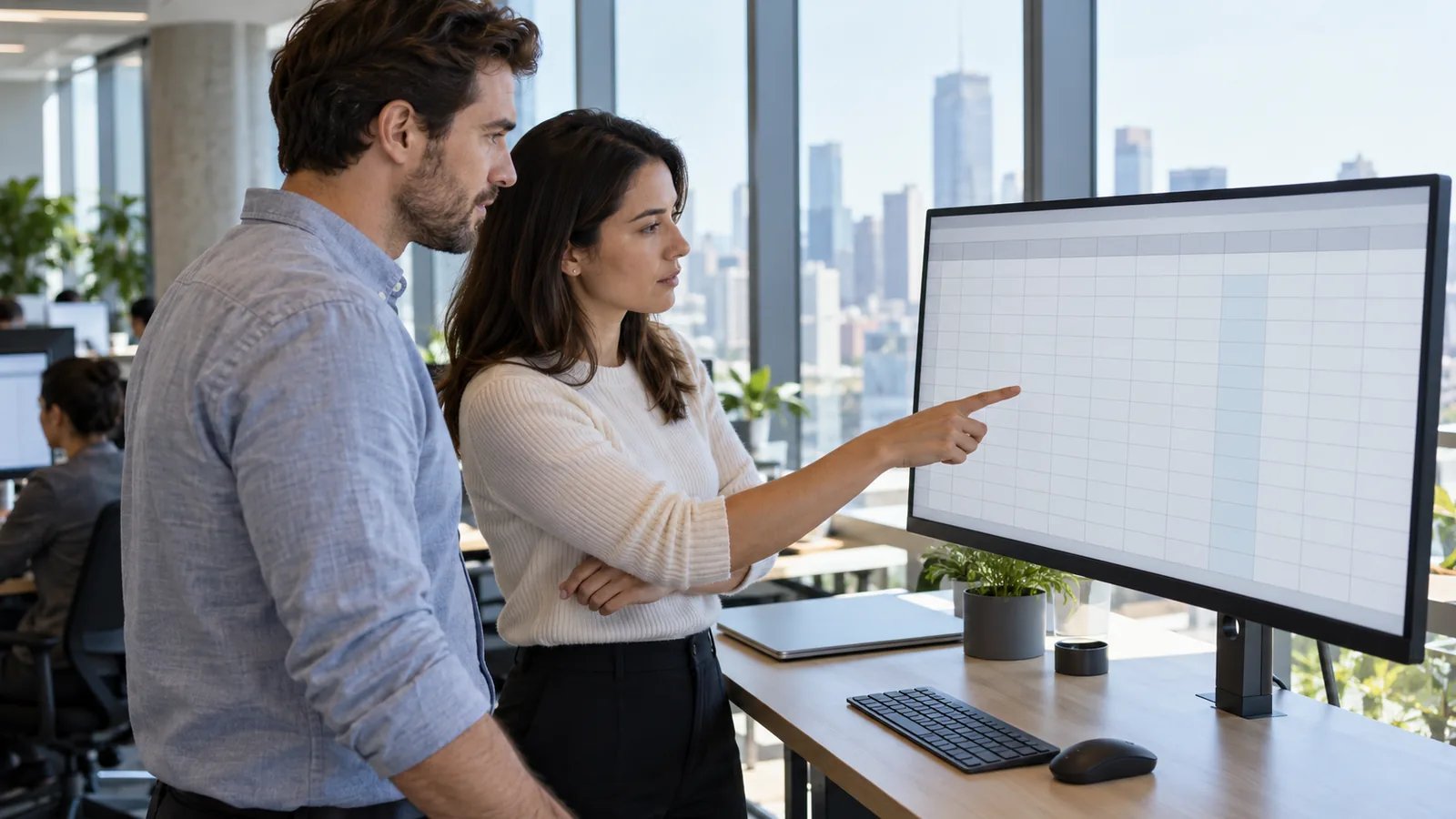 A man and a woman at a standing desk in an open office, looking over a spreadsheet on a large monitor