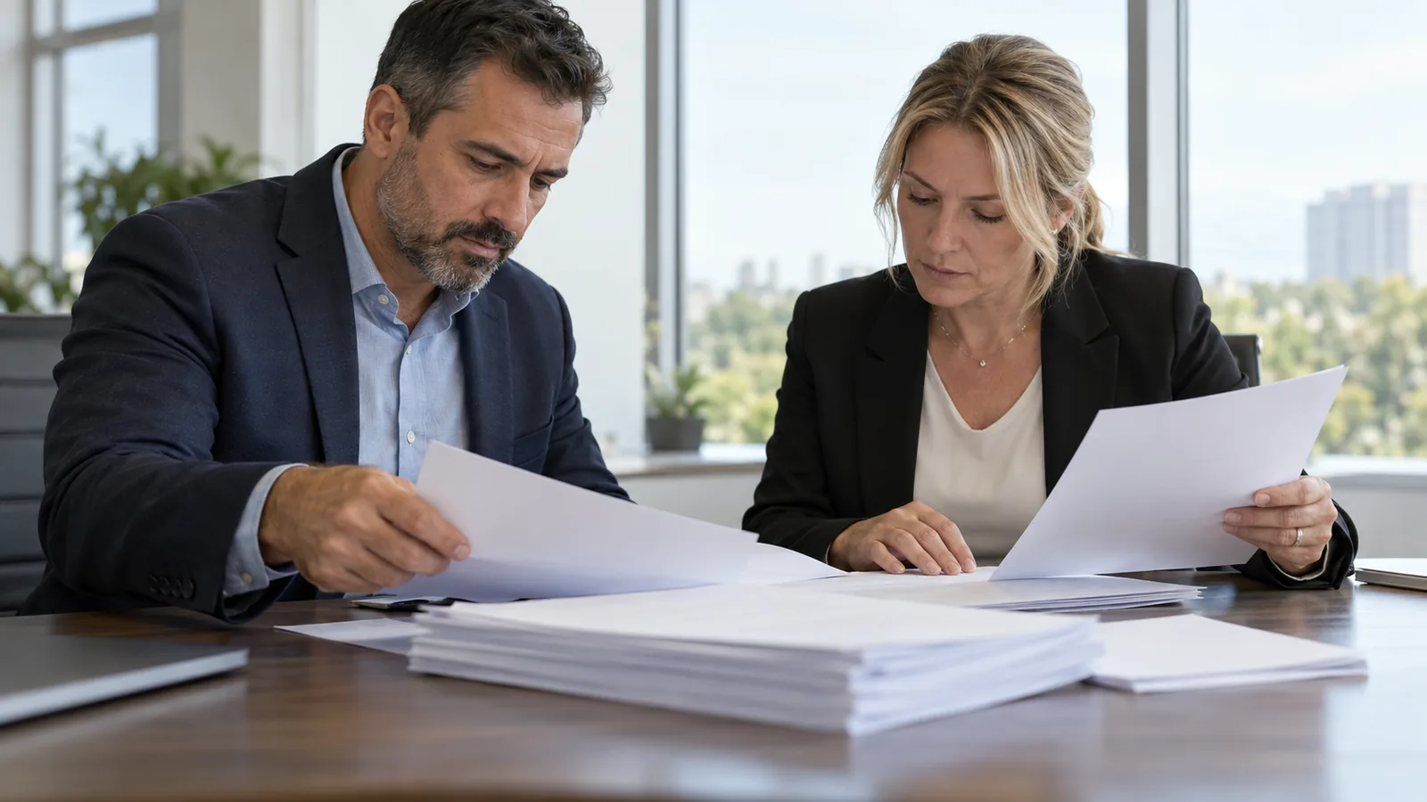 Two business owners at a conference table reviewing a purchase agreement and a stack of tax returns