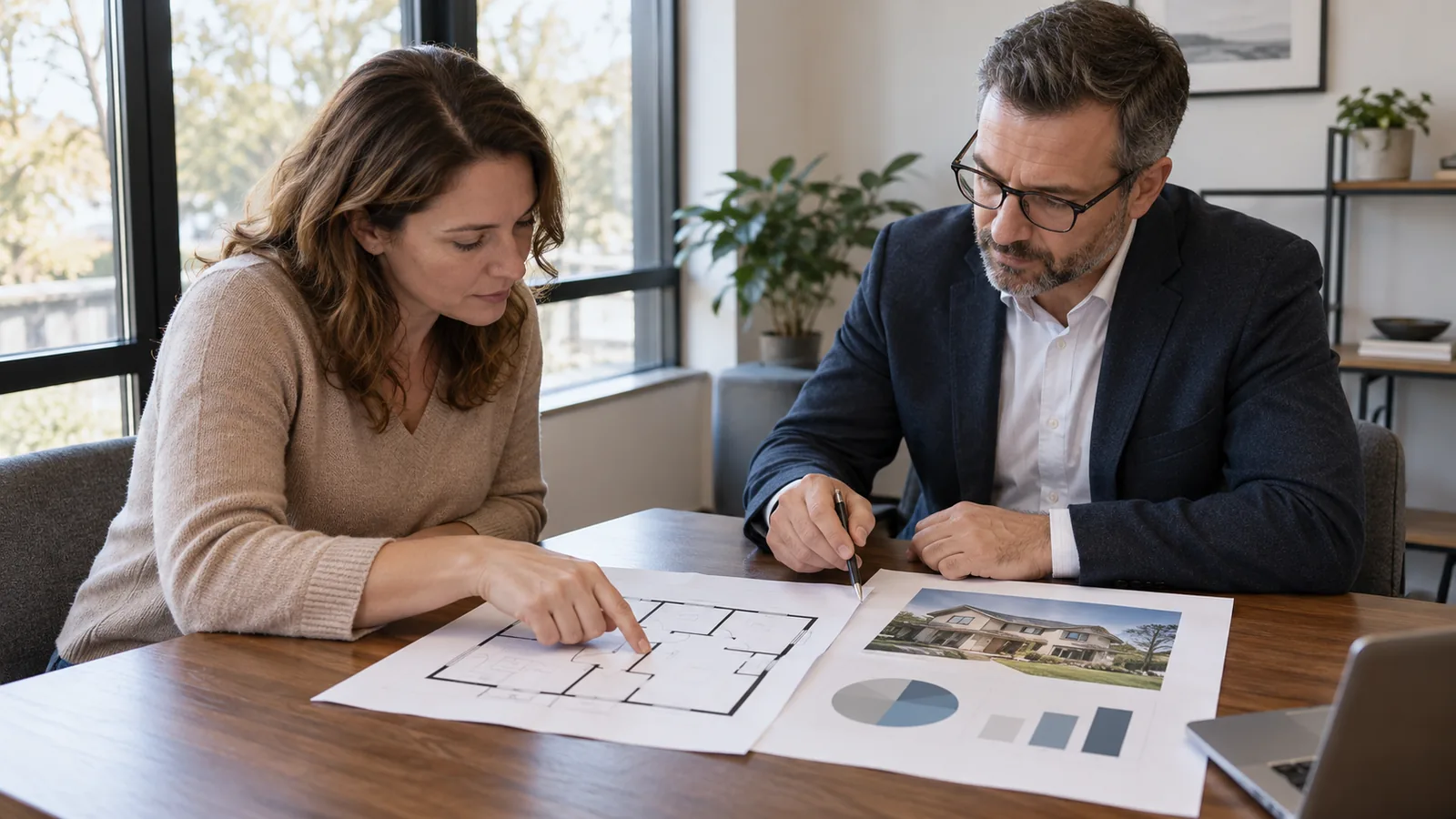 A seller and a real estate attorney walking through a floor plan and a property appraisal at a small office table