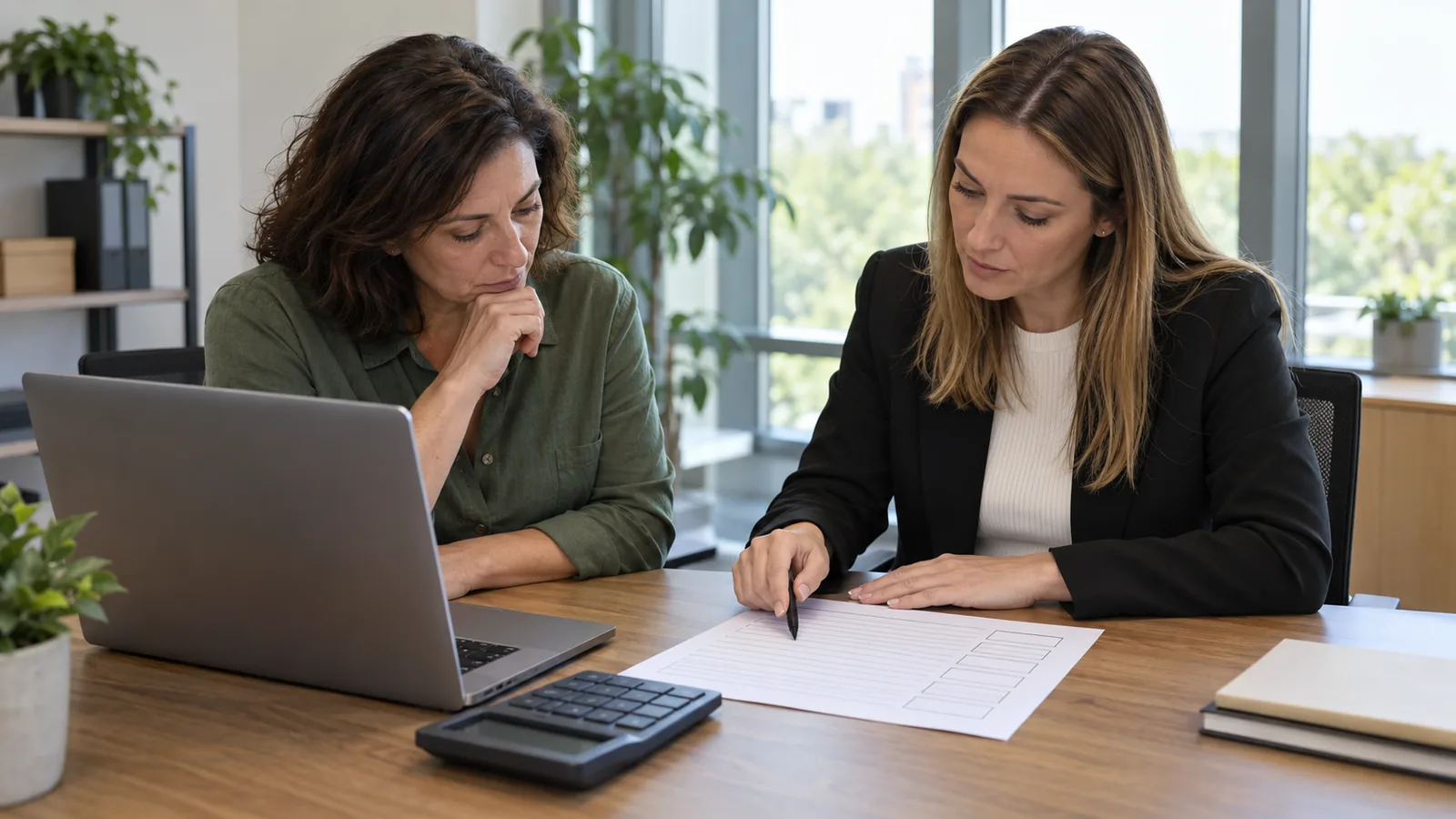 A business owner and her accountant at a desk going over a printed tax worksheet with a calculator and laptop